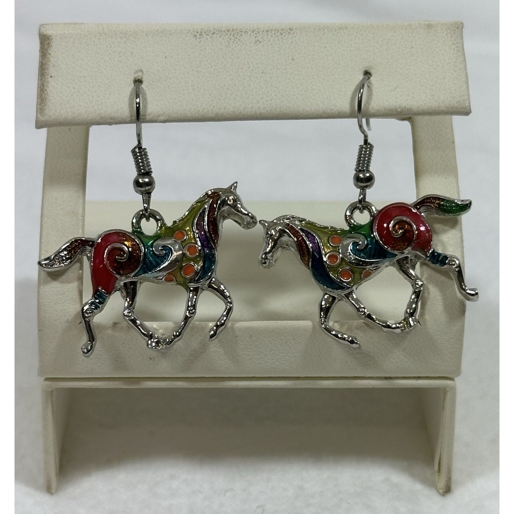 Pretty Pony-Style Earrings Silver Tone Dangle Colorful Enamel Horse